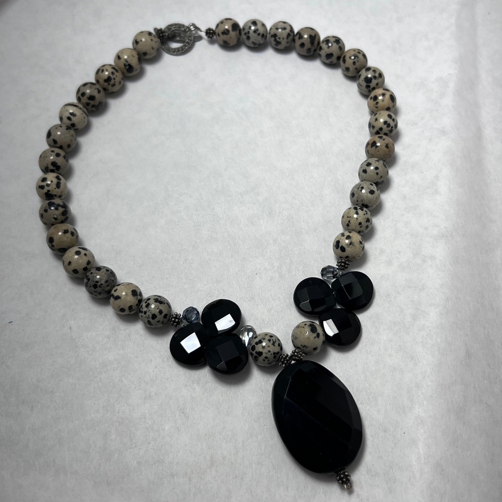 Dalmatian Jasper Black Beaded Statement Necklace Toggle Clasp Bohemian Chunky